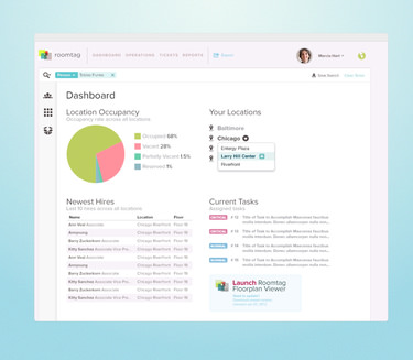 Roomtag Dashboard, showing available spaces and locations.